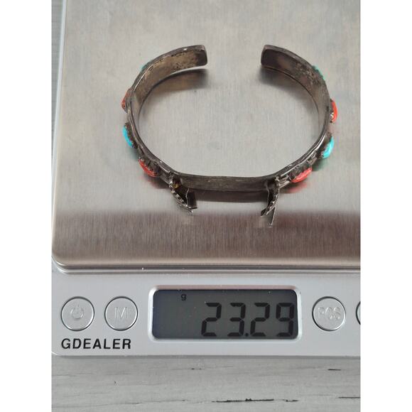 Vintage Wayne Cheama Zuni Sterling Silver Turquoise and Coral Watch Cuff - Picture 7 of 7